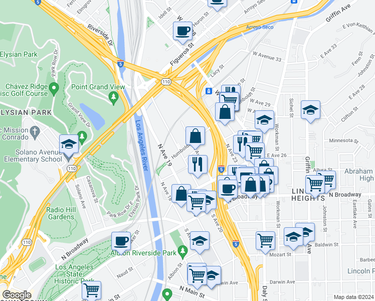 map of restaurants, bars, coffee shops, grocery stores, and more near 200 North San Fernando Road in Los Angeles