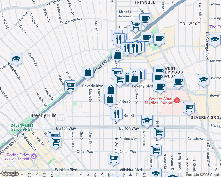 map of restaurants, bars, coffee shops, grocery stores, and more near 9134 Beverly Boulevard in Beverly Hills