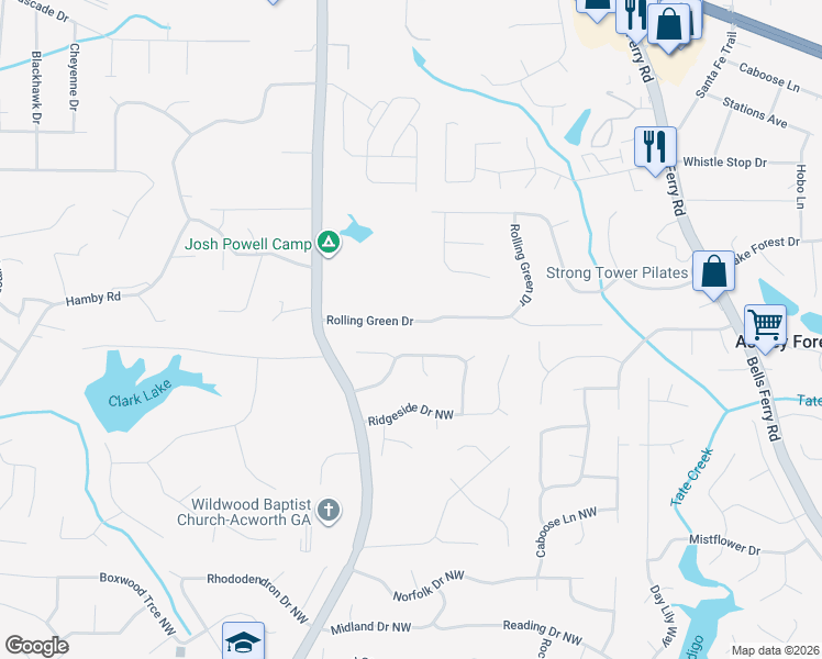map of restaurants, bars, coffee shops, grocery stores, and more near 1223 Rolling Green Drive in Acworth