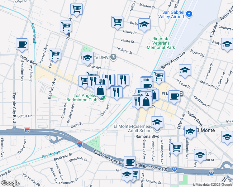 map of restaurants, bars, coffee shops, grocery stores, and more near 10501 Valley Boulevard in El Monte