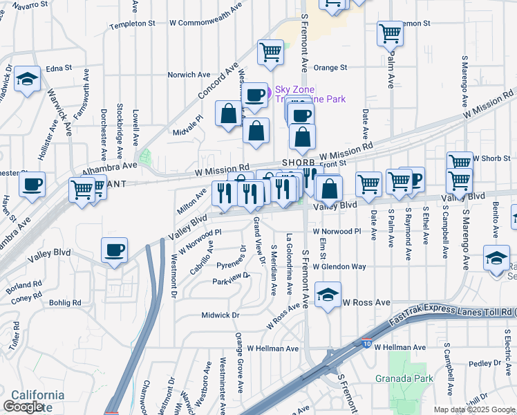 map of restaurants, bars, coffee shops, grocery stores, and more near 2845 West Valley Boulevard in Alhambra