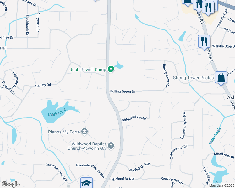 map of restaurants, bars, coffee shops, grocery stores, and more near 1285 Rolling Green Drive in Acworth