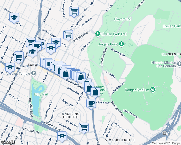 map of restaurants, bars, coffee shops, grocery stores, and more near 1416 Quintero Street in Los Angeles