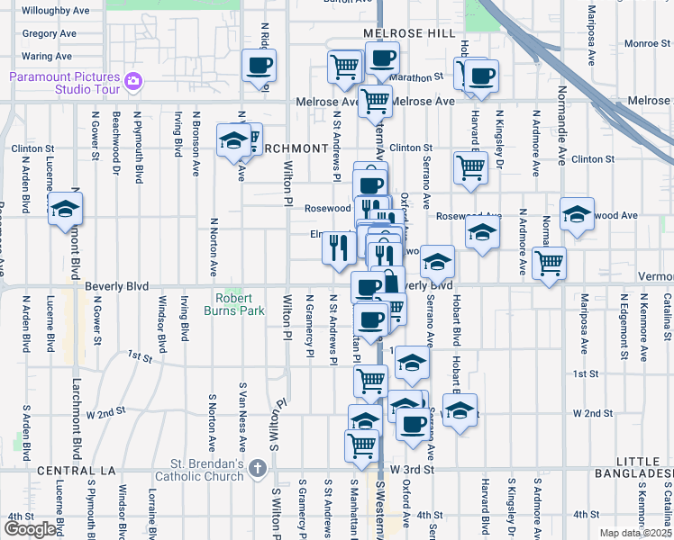 map of restaurants, bars, coffee shops, grocery stores, and more near 4754 Oakwood Avenue in Los Angeles
