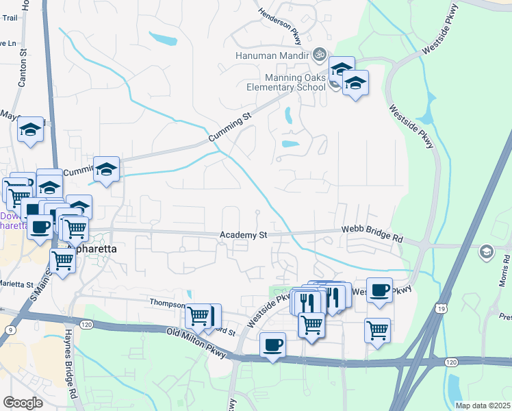 map of restaurants, bars, coffee shops, grocery stores, and more near 1031 Poplar Ridge Run in Alpharetta