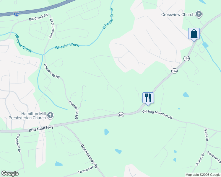 map of restaurants, bars, coffee shops, grocery stores, and more near 970 Chateau Forest Road in Hoschton