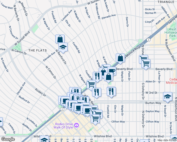 map of restaurants, bars, coffee shops, grocery stores, and more near 516 Foothill Road in Beverly Hills