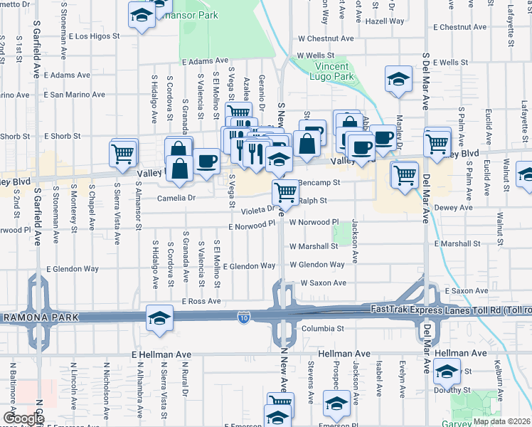 map of restaurants, bars, coffee shops, grocery stores, and more near 1404 Violeta Drive in Alhambra