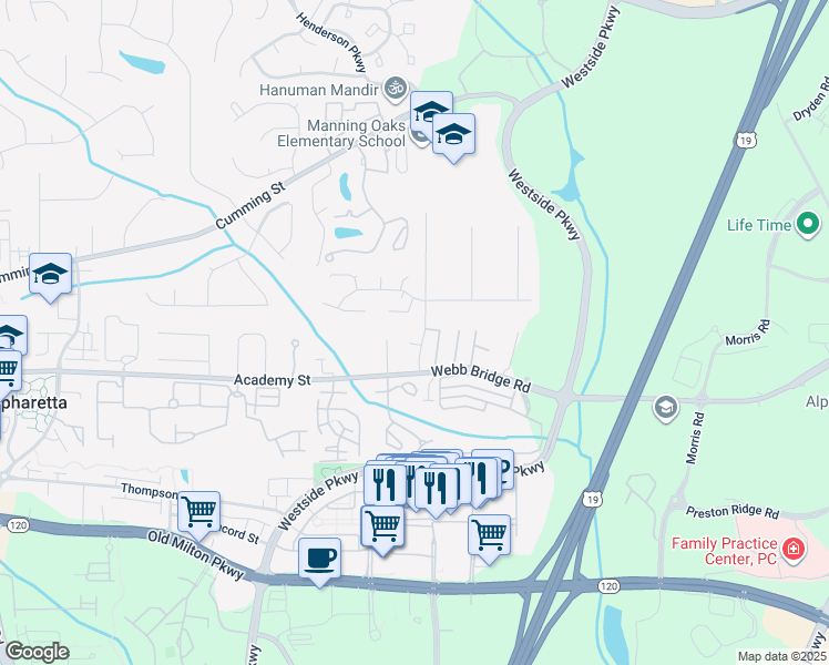 map of restaurants, bars, coffee shops, grocery stores, and more near 572 Wedgewood Drive in Alpharetta