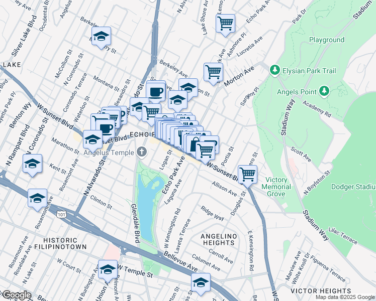 map of restaurants, bars, coffee shops, grocery stores, and more near 1571 Sunset Boulevard in Los Angeles