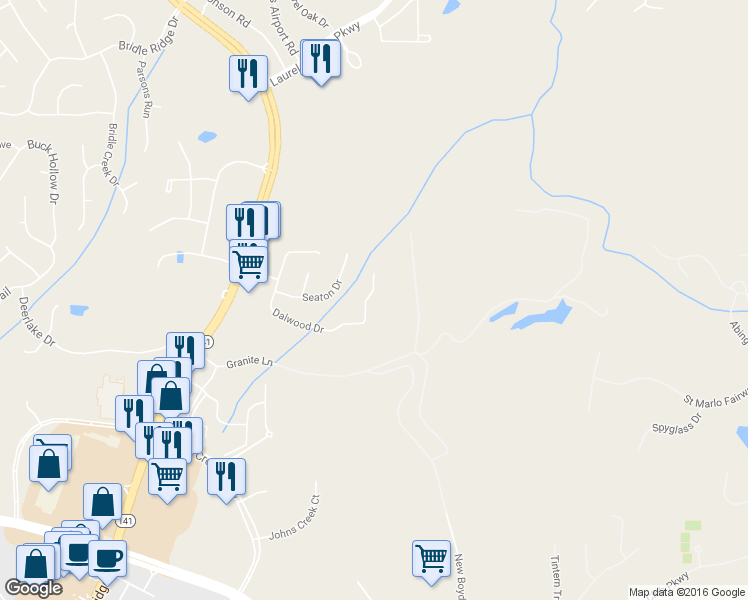 map of restaurants, bars, coffee shops, grocery stores, and more near 3950 Dalwood Drive in Suwanee