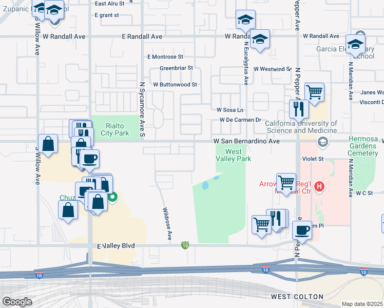 map of restaurants, bars, coffee shops, grocery stores, and more near 2132 Lavender Lane in Colton