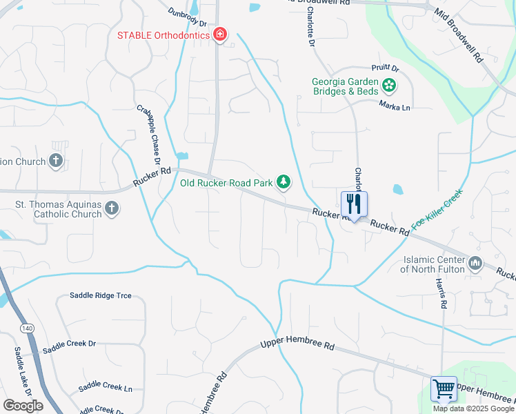 map of restaurants, bars, coffee shops, grocery stores, and more near 11925 North Hickory Trace in Alpharetta