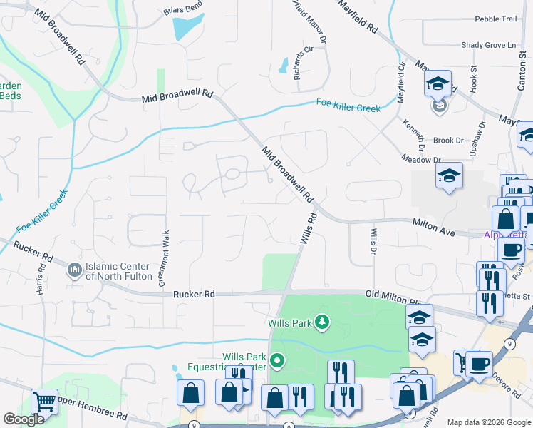 map of restaurants, bars, coffee shops, grocery stores, and more near 5285 Hunters Oaks Drive in Alpharetta