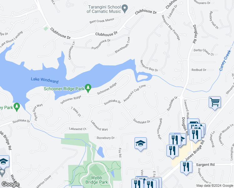map of restaurants, bars, coffee shops, grocery stores, and more near 3970 Schooner Ridge in Alpharetta
