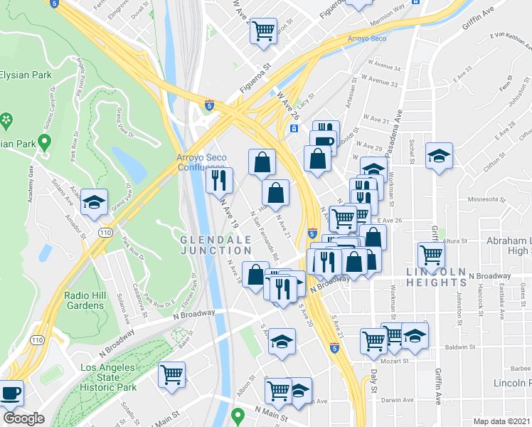 map of restaurants, bars, coffee shops, grocery stores, and more near 200 North San Fernando Road in Los Angeles