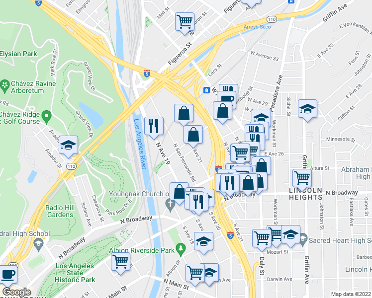 map of restaurants, bars, coffee shops, grocery stores, and more near 200 North San Fernando Road in Los Angeles