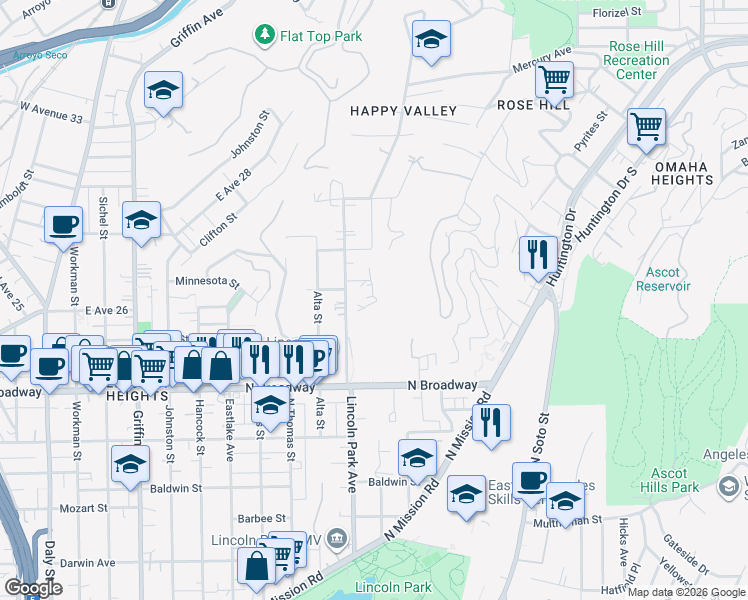 map of restaurants, bars, coffee shops, grocery stores, and more near 2611 Sierra Street in Los Angeles