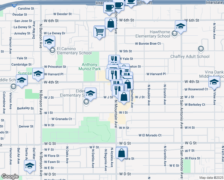 map of restaurants, bars, coffee shops, grocery stores, and more near 1025 North Mountain Avenue in Ontario