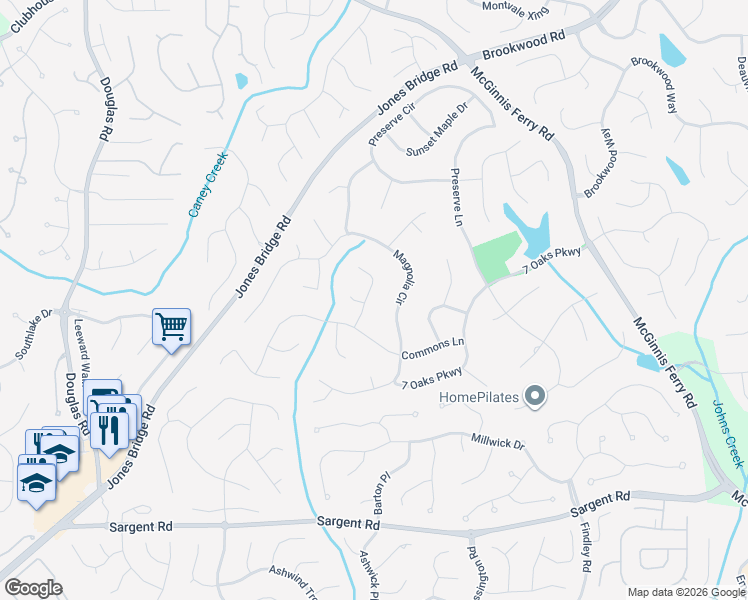 map of restaurants, bars, coffee shops, grocery stores, and more near 12185 Winding Oak Trail in Alpharetta
