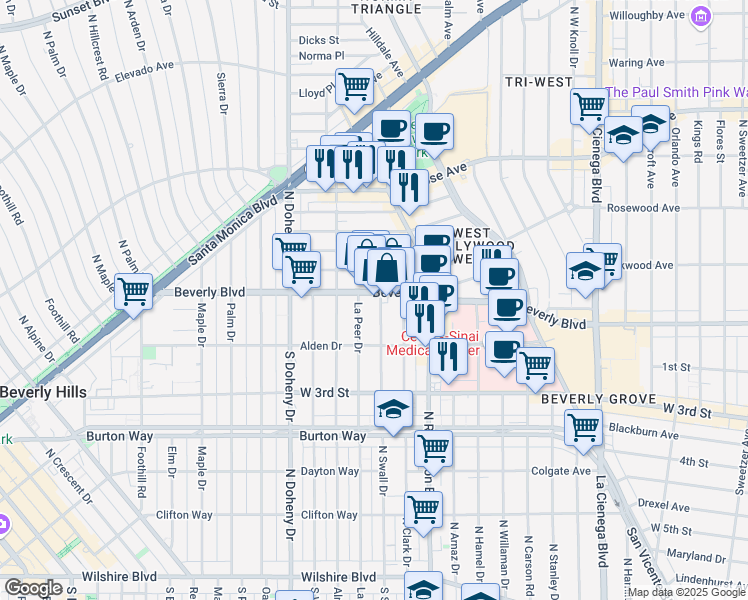 map of restaurants, bars, coffee shops, grocery stores, and more near 8900 Beverly Boulevard in West Hollywood