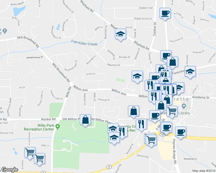 map of restaurants, bars, coffee shops, grocery stores, and more near 273 Milton Avenue in Alpharetta