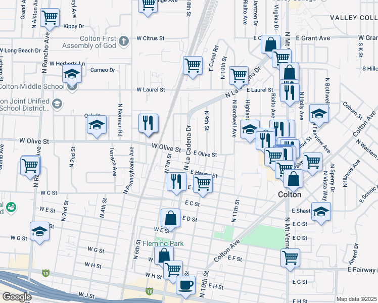 map of restaurants, bars, coffee shops, grocery stores, and more near North La Cadena Drive & East Olive Street in Colton