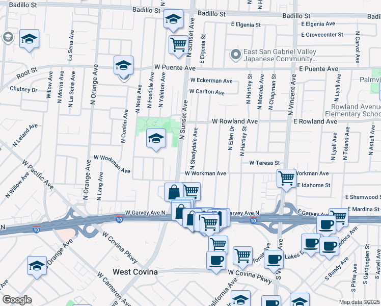 map of restaurants, bars, coffee shops, grocery stores, and more near 335 North Shadydale Avenue in West Covina