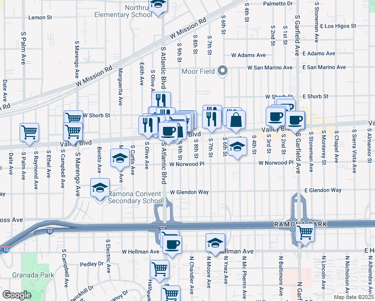 map of restaurants, bars, coffee shops, grocery stores, and more near 1502 South 9th Street in Alhambra