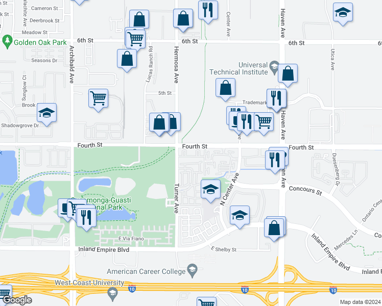 map of restaurants, bars, coffee shops, grocery stores, and more near 1048 Hermosa Avenue in Ontario
