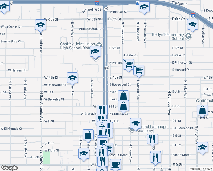 map of restaurants, bars, coffee shops, grocery stores, and more near 1022 North Euclid Avenue in Ontario