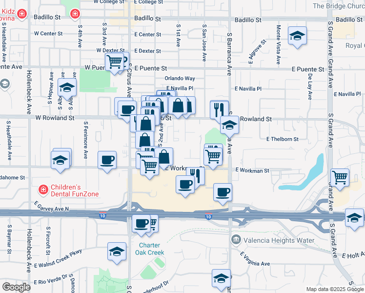 map of restaurants, bars, coffee shops, grocery stores, and more near 681 South 1st Avenue in Covina