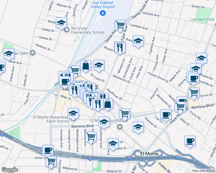 map of restaurants, bars, coffee shops, grocery stores, and more near 3710 Tyler Avenue in El Monte