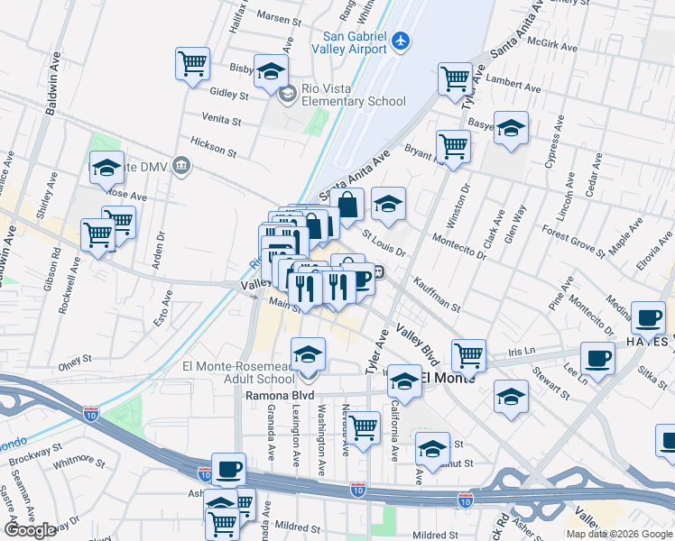 map of restaurants, bars, coffee shops, grocery stores, and more near 3725 Monterey Avenue in El Monte