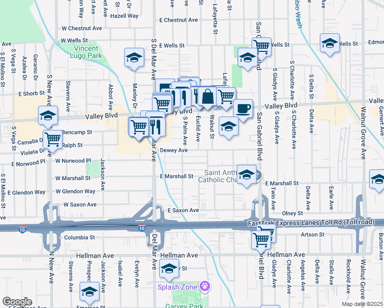 map of restaurants, bars, coffee shops, grocery stores, and more near 326 Dewey Avenue in San Gabriel