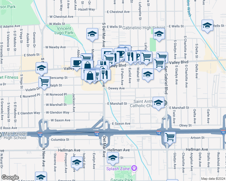 map of restaurants, bars, coffee shops, grocery stores, and more near 210 Dewey Avenue in San Gabriel