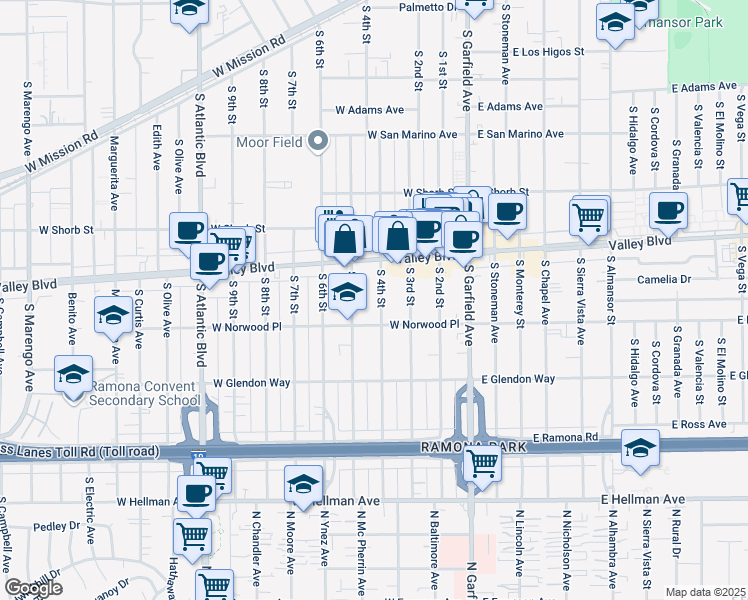 map of restaurants, bars, coffee shops, grocery stores, and more near 1428 South 4th Street in Alhambra