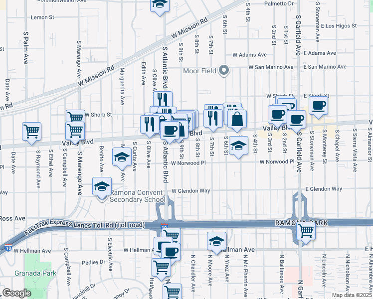map of restaurants, bars, coffee shops, grocery stores, and more near 1502 South 9th Street in Alhambra