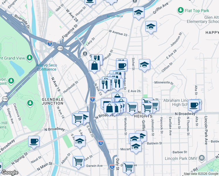 map of restaurants, bars, coffee shops, grocery stores, and more near 120 North Avenue 25 in Los Angeles