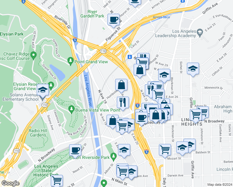 map of restaurants, bars, coffee shops, grocery stores, and more near 200 North San Fernando Road in Los Angeles