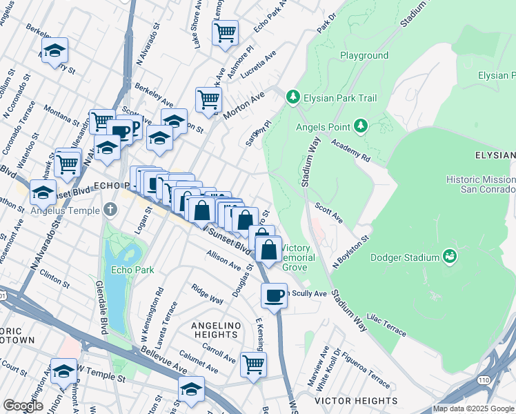 map of restaurants, bars, coffee shops, grocery stores, and more near 1411 Sutherland Street in Los Angeles