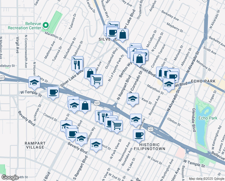 map of restaurants, bars, coffee shops, grocery stores, and more near 631 North Benton Way in Los Angeles