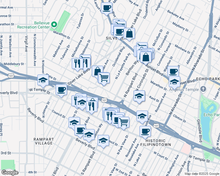 map of restaurants, bars, coffee shops, grocery stores, and more near 607 North La Fayette Park Place in Los Angeles