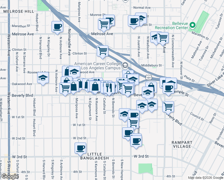 map of restaurants, bars, coffee shops, grocery stores, and more near 324 North Berendo Street in Los Angeles