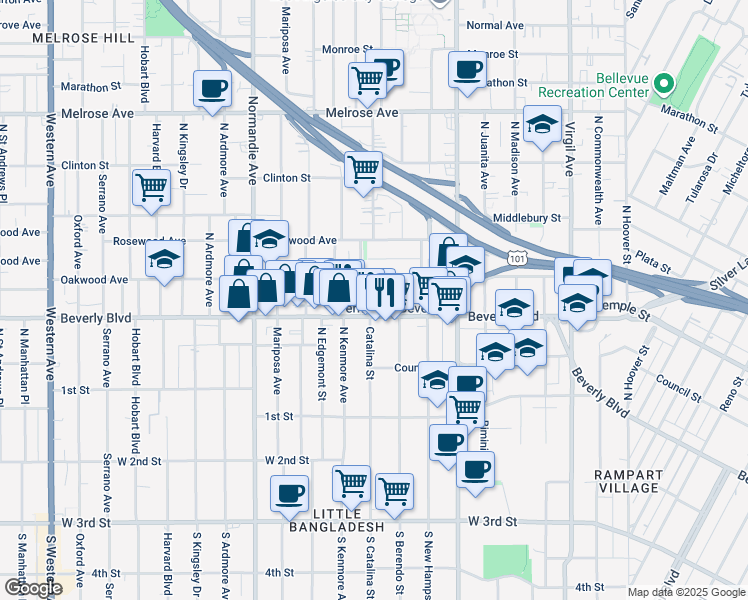 map of restaurants, bars, coffee shops, grocery stores, and more near in Los Angeles