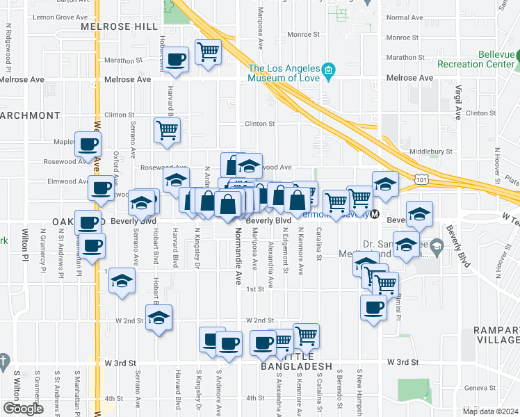 map of restaurants, bars, coffee shops, grocery stores, and more near 318 North Mariposa Avenue in Los Angeles