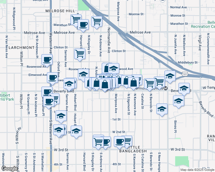 map of restaurants, bars, coffee shops, grocery stores, and more near 323 North Normandie Avenue in Los Angeles