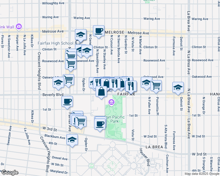 map of restaurants, bars, coffee shops, grocery stores, and more near 326 North Stanley Avenue in Los Angeles