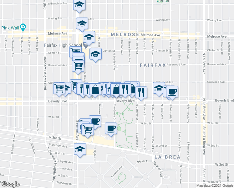 map of restaurants, bars, coffee shops, grocery stores, and more near 326 North Stanley Avenue in Los Angeles