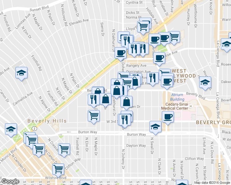 map of restaurants, bars, coffee shops, grocery stores, and more near 9134 Beverly Boulevard in Beverly Hills